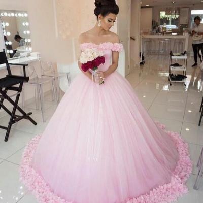Wedding Dresses,Pink Wedding Dress,Simple Wedding Dress,Off the Shoulder Bridal Gowns,Women Ball Gowns,Wedding Dress with Flowers