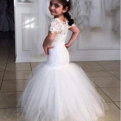 Children Dress,Flower Girls Dresses,Kids Dress,Child Clothing,Girl Brithday Party Dress,Princess Dress,Girl Party Dress,Wonderful Mermaid Flower Girls Dresses For Weddings Party Short Sleeves Lace Appliques Ruched Tulle Vestidos De Comunion 2016 