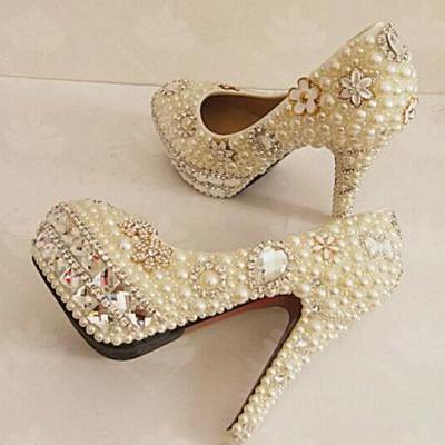 Pearl Wedding Shoes, Bridal Shoes, Bridal, Women Peep Toe Shoes Lady Evening Party Club High Heel Dress Shoes,Unique Pearl floral Dress Shoes Women Rhinestone Bridal Shoes Wedding High Heels Shoes Party Prom Shoes