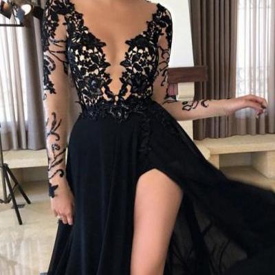 Evening DressesLong Dress prom dresses,evening gowns,Lace prom gowns,black prom gowns,new style fashion slit prom gowns