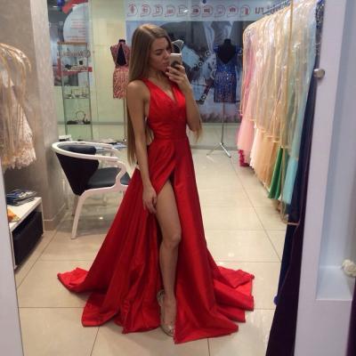 Real Sexy Cheap Front Split Prom Dresses,Simple Long Party Dresses,Deep V-neck Evening Dresses,Custom Made Prom Dress On Sale