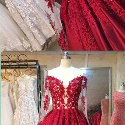 Red Prom Dress, Cute Prom Dress, A-line prom dresses, ball gown prom dresses, long sleeves evening dresses
