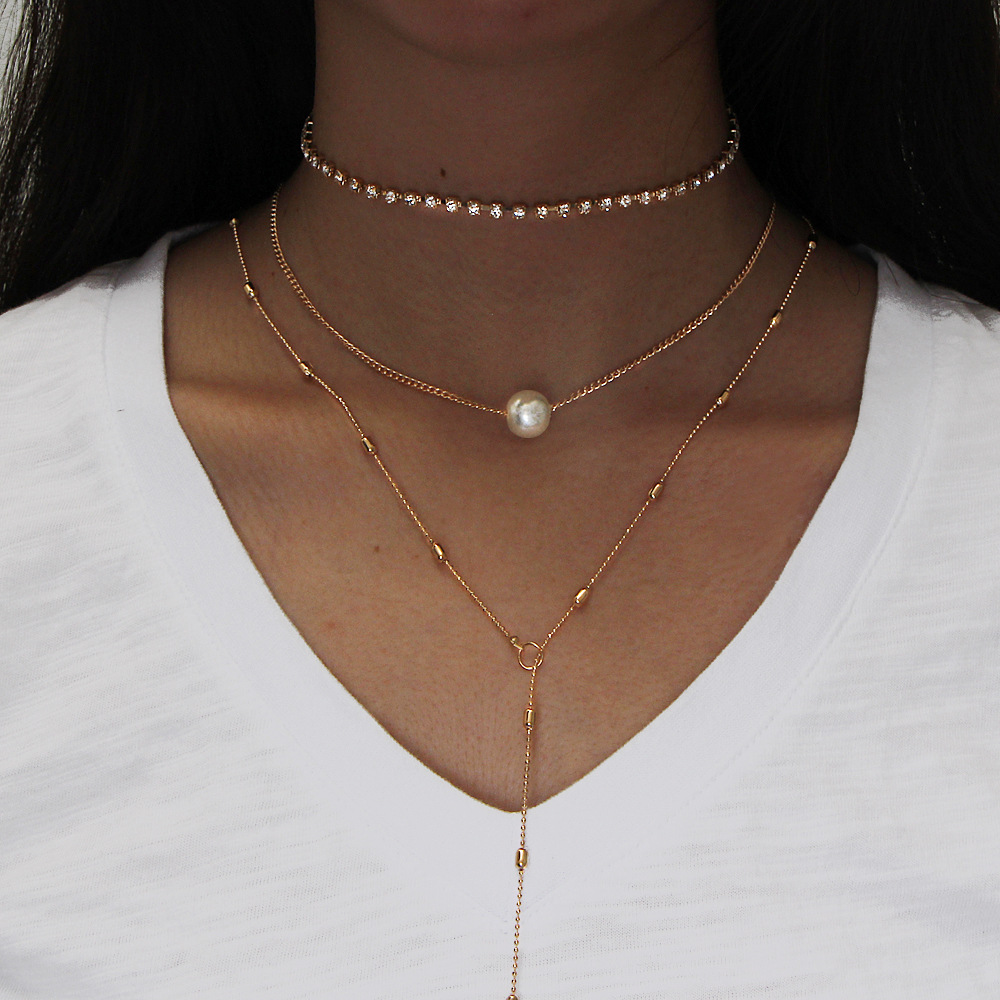 Necklace,collarbone Chain ,metal Necklace,clavicle Necklace Female Suit Crystal Pendant Three-layer Pearl Necklace Jewelry Item