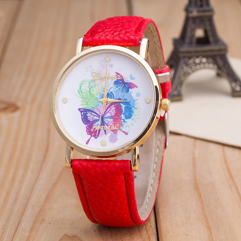 Woman Wrist Watch,the Butterfly Colorful Face Pu Leather Green Band Unisex Watch