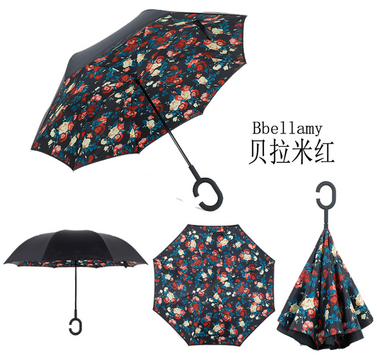 Bbrllamy Umbrella，anti-uv C-handle Sun Rain Opposite Folding Upside Down Reverse Inverted Umbrella，reverse Double Umbrella, Peacock Sun