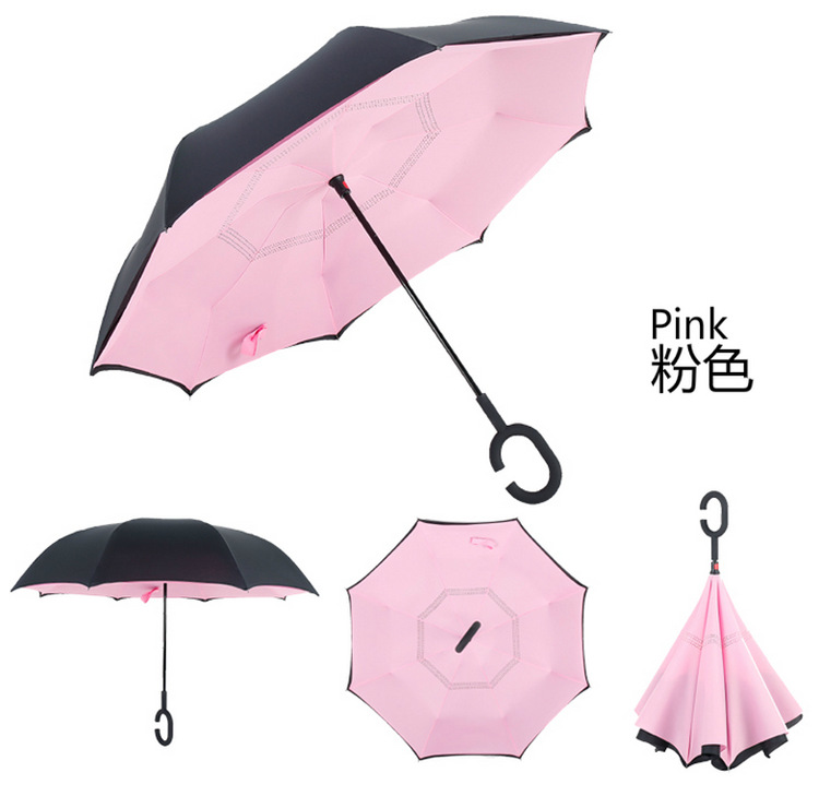 Pink Umbrella，anti-uv C-handle Sun Rain Opposite Folding Upside Down Reverse Inverted Umbrella，reverse Double Umbrella, Peacock Sun