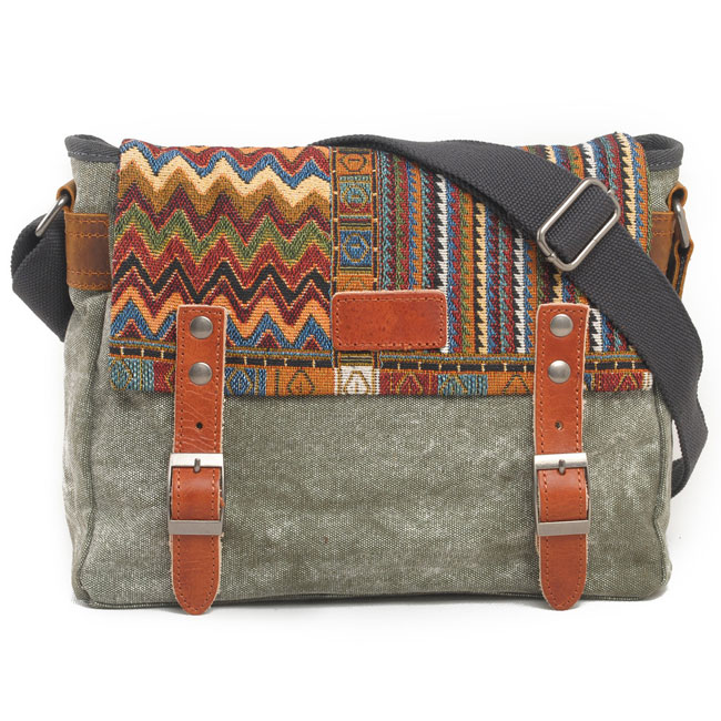 Folk Style Geometry Stripe Square Double Hasp Canvas Messenger Bag
