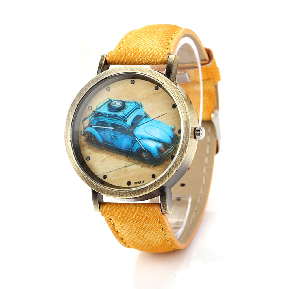 Denim-look Watch, Car Pattern Watch, Yellow Leather Watch, Leather Watch, Bracelet Watch, Vintage Watch, Retro Watch, Woman Watch, Lady Watch,