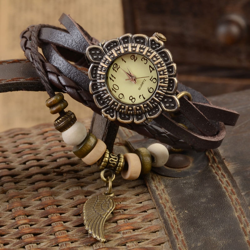 Feather Watch, Feather Leather Watch, Dark Brown Bracelet Watch, Leather Watch, Bracelet Watch, Vintage Watch, Retro Watch, Woman Watch, Lady
