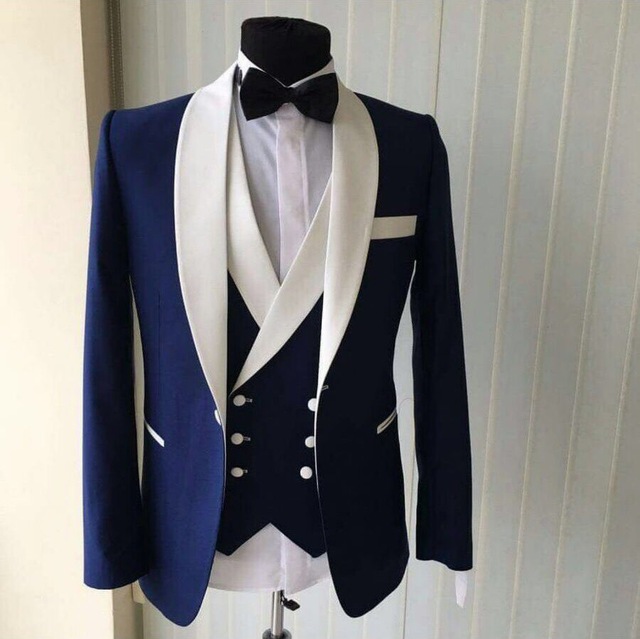 Custom Made Groomsmen Shawl White Lapel Groom Tuxedos Blue Men Suits Wedding Best Man Blazer (jacket+pants+vest+bow Tie ),striped Suit， Men
