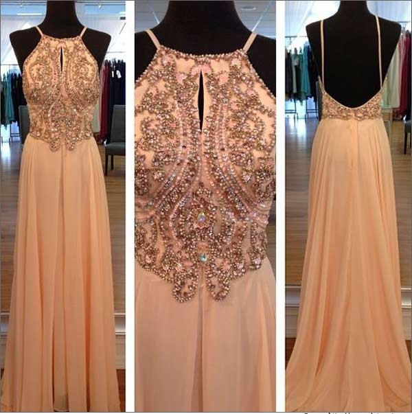 Gorgeous Scalloped Neckline Sleeveless Strong Beaded/crystal Chiffon Long Prom Dresses 2015 A-line Evening Gowns Backless