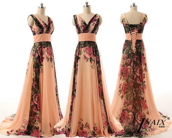 2015 Print Evening Dress Elegant Formal V Neck Spaghetti Strap A Line With Train Long Chiffon Formal Print Prom Dress Wedding Party Dress