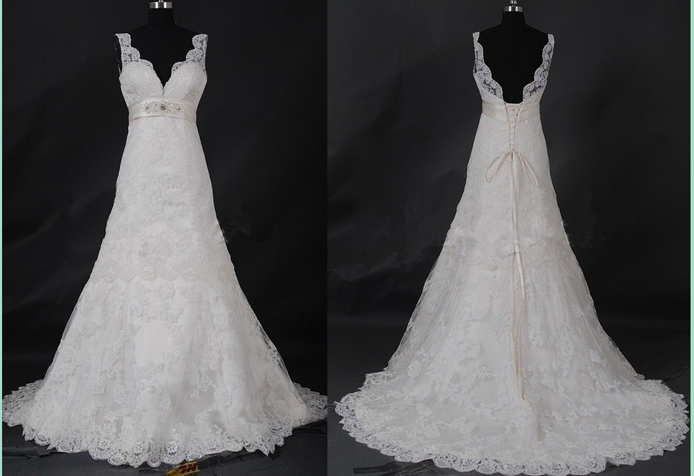 Custom 2014 Elegant Modest A Line V Neck Long White/ivory Beading Backless Cap Shoulder Wedding Dress Prom / Evening Dress Bridal Gown