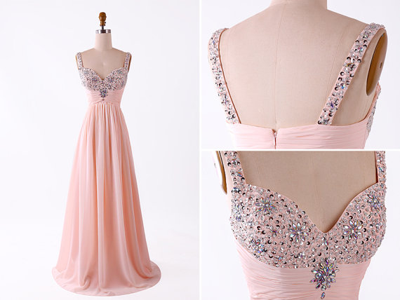 Custom Made Pretty Pink Beadings Straps Long Prom Dresses 2015, Pink Formal Dresses, Pretty Pink Evening Dresses