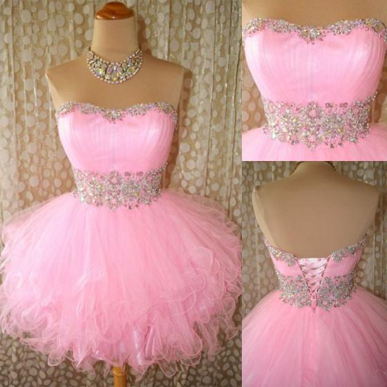 Short Sweetheart Pink Tulle Homecoming Dress With Bead ,lovely Mini Pink Ball Gown Prom Dress With Beadings, Homecoming Dress With Lace Up,