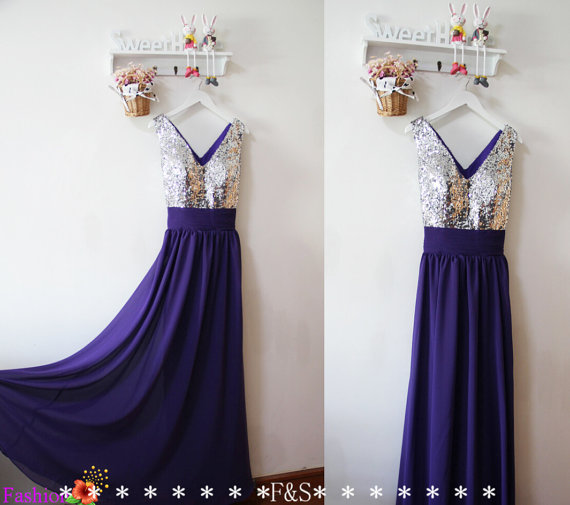 Purple Sequin Bridesmaid Dress, Sexy Purple Evening Prom Dress, Low Back Prom Homecoming Dress, Purple Dress, Long Chiffon Bridesmaid Dress