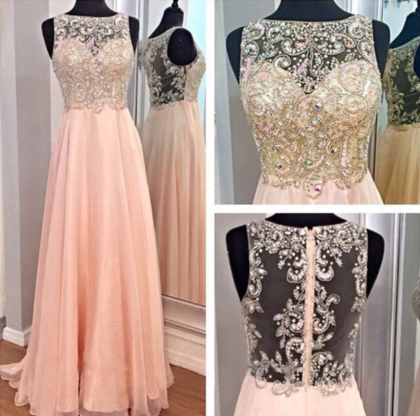 Pink Sleeveless Sheer Beaded A-line Long Prom Dress, Evening Dress Featuring Sheer Back