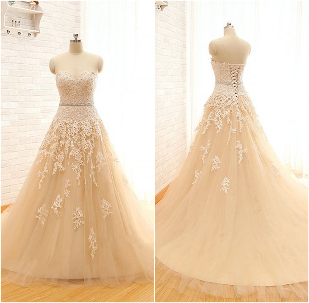Champagne Floor Length Lace Tulle A-line Wedding Gown Featuring Sweetheart Bodice