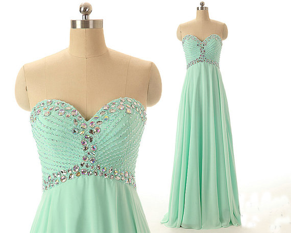 Mint Green Sweetheart Neckline Chiffon Bridesmaid Dress With Crystal Beading