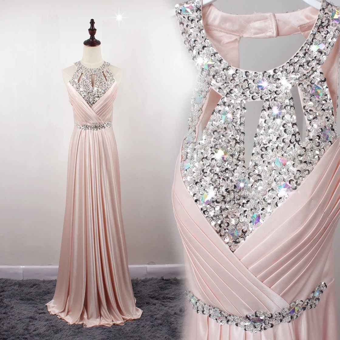 Halter Cutout Beaded A-line Floor-length Prom Dress, Evening Dress