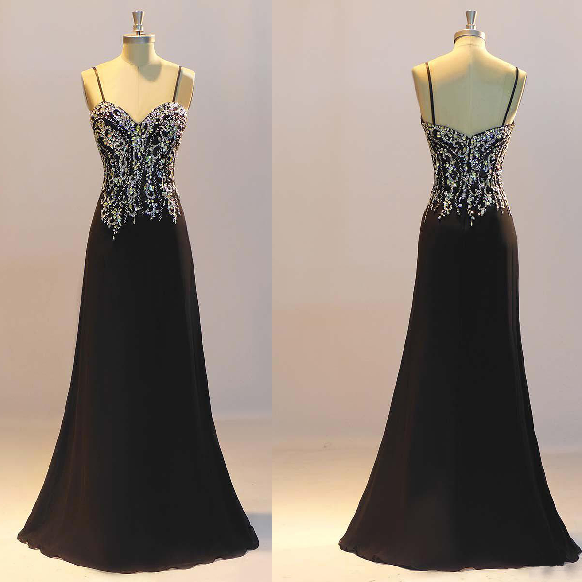 Black Spaghetti Strap Beaded Sheath Floor-length Prom Dress, Evening Dress