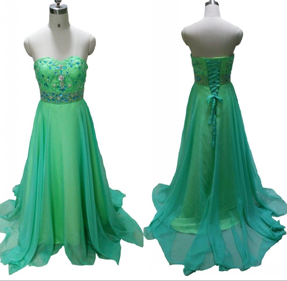 Top Selling 2016 Elegant Green Prom Dresses A Line Sweetheart Crystals Beading Long Chiffon Formal Party Dresses Graduation Gown Wedding Party