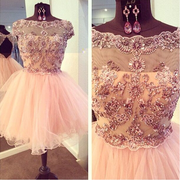 Beading Short Pink Homecoming Dresses Back Keyhole Cap Sleeve Party Dresses Prom Gowns