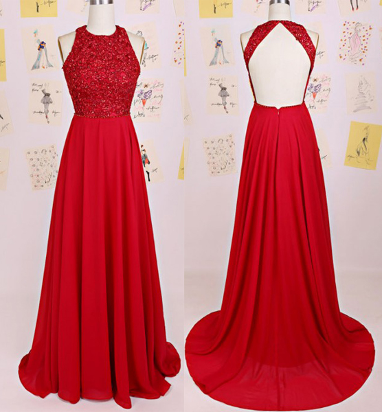Sexy Prom Dress,charming Prom Dress Red Prom Dress ，o-neck Prom Dress,a-line Prom Dress,chiffon Prom Dress,backless Evening Dresslong Prom