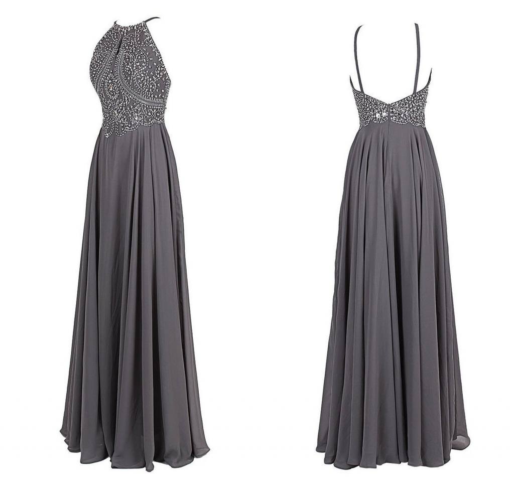 A-line Beading Long Charming Prom Dresses, Floor-length Evening Dresses,prom Dresses,grey Halter Neck Prom Dress With Beaded Bodice
