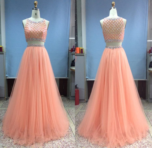 Amazing 2016 Peach A Line Two Pieces Prom Dresses Rhinestones Crystal Beaded Tulle Pleated Sheer Neckline Evening Dresses Formal Dresses Pageant