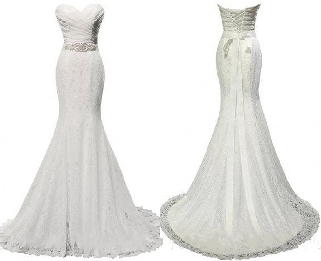 Strapless Sweetheart Ruched Lace Mermaid Wedding Dress Featuring Lace-up Back And Sweep Train