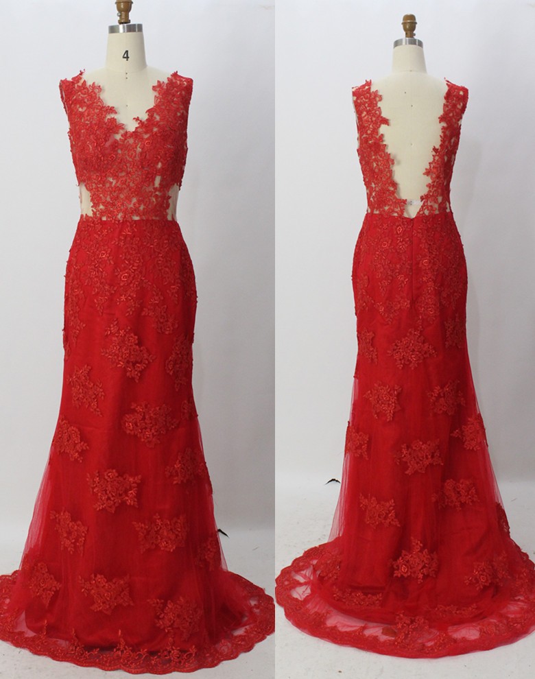 Red Evening Dress V Neck Backless Sleeveless With Appliques Tulle Dresses Floor Length 2016 Sexy Matching Cutaway Side Elegant Sizes Available