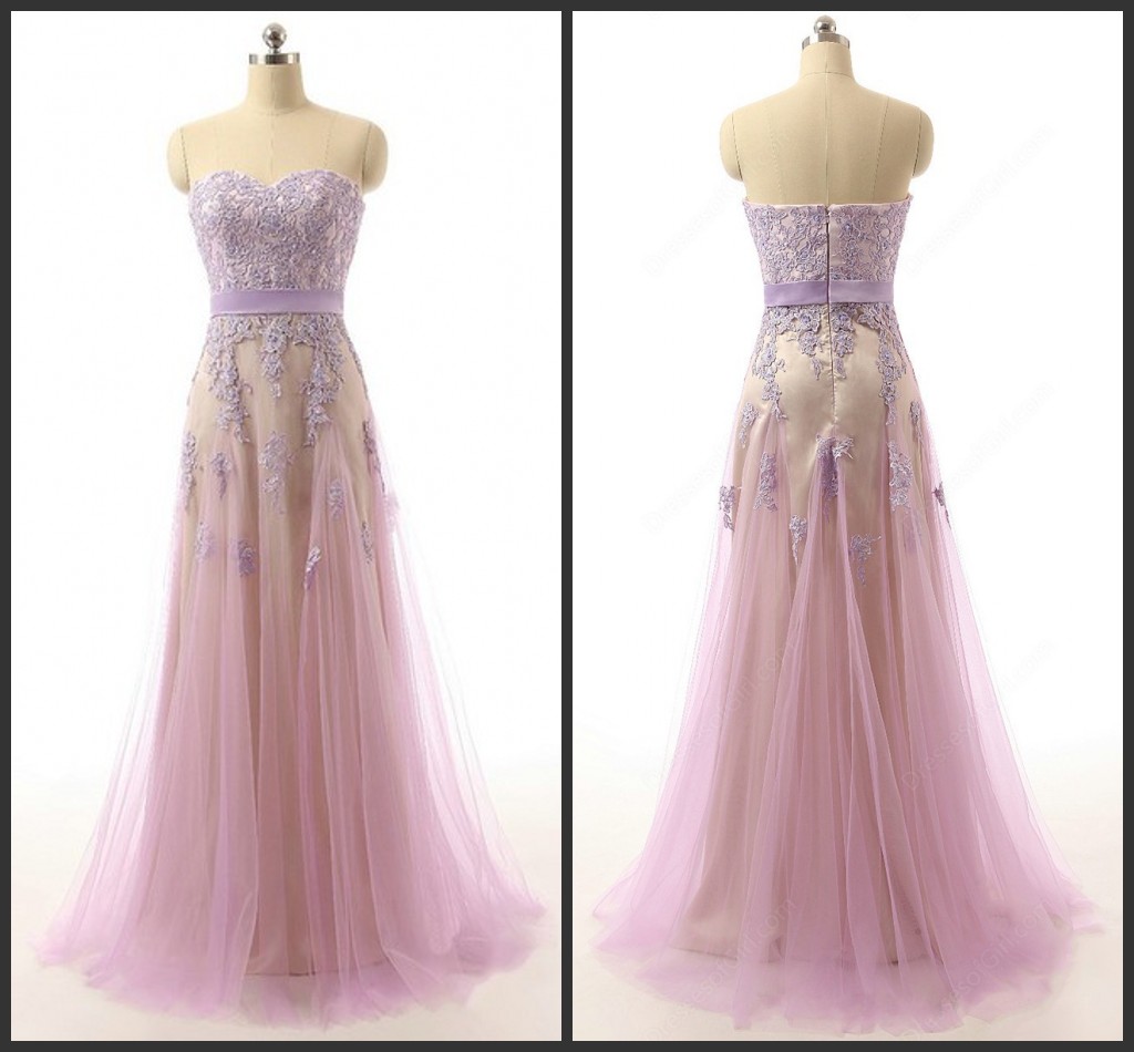 2016 Prom Dress Pink Dress Lace Prom Dress With Light Purple Appliques Aline Style Zipper Back Sweetheart Neck Tulle Gown Elegant Pageant Dress