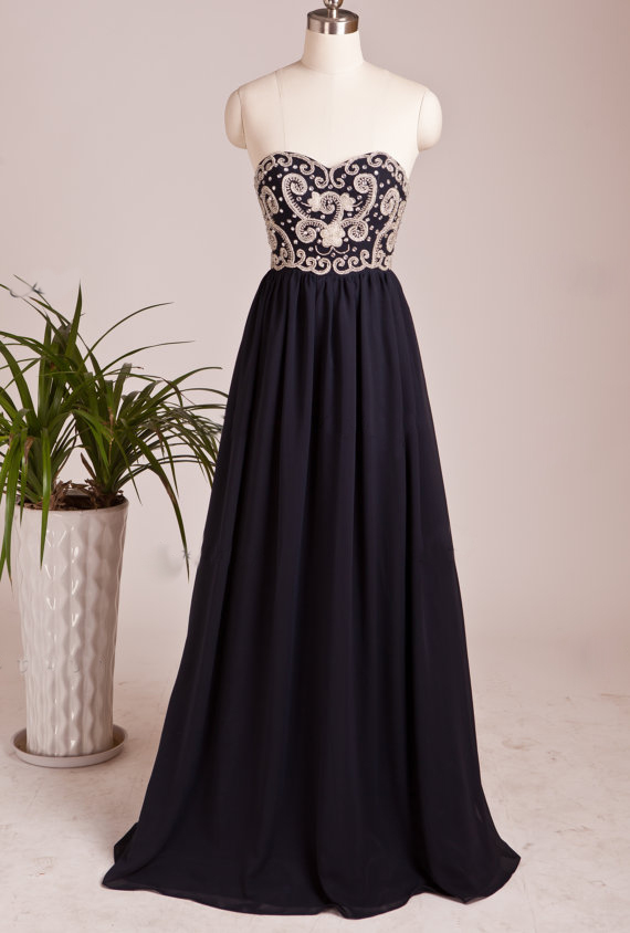 Navy Blue Chiffon Floor Length Prom Dress Featuring Embroidered Sweetheart Bodice Prom Dress, Prom Dress,handmade Prom Dress,custom Made Prom