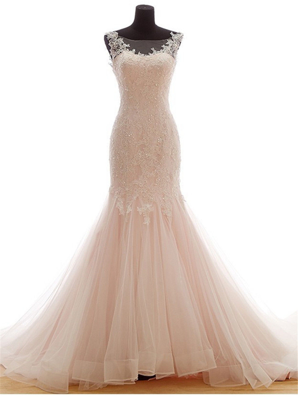 Lace Appliqués And Beaded Embellished Trumpet Tulle Wedding Dress Featuring Sweetheart Illusion Neckline