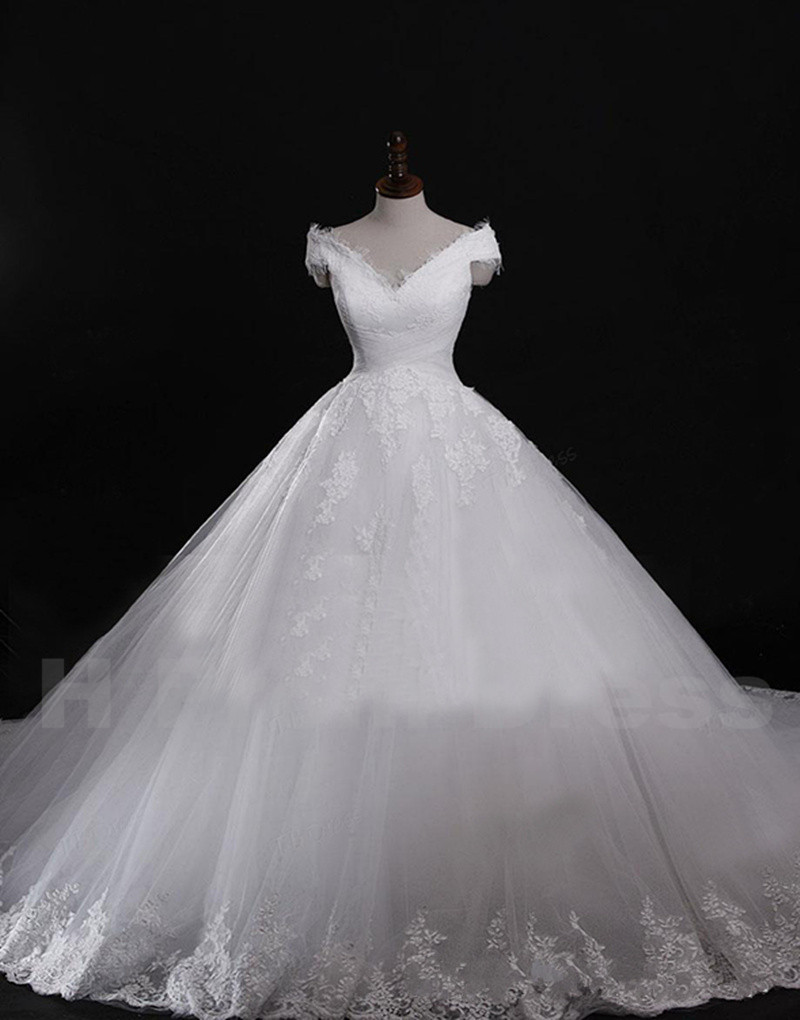 Bateau Neckline A-line Lace Appliqué Wedding Gown With Chapel Train And Lace-up Back