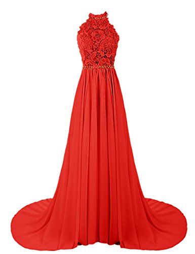 Red Lace Halter Neck Floor Length Chiffon A-line Prom Dress Featuring Sweep Train, Evening Dress