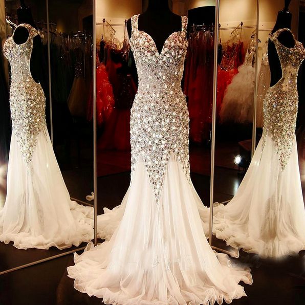 Prom Dress,prom Dresses,glamorous V-neck Tulle Evening Dress Beadings Crystals Sweep Train Prom Dress