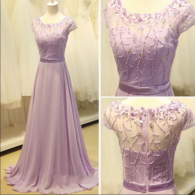 Prom Dress, Prom Dress,modest Prom Dress,cap Sleeve Light Purple Long Chiffon Prom Dress A Line Party Dresses Bridesmaid Dress
