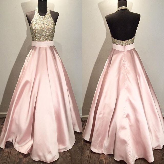 Pink Satin A-line Long Prom Dress With Crystal Beads Embellishment