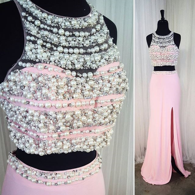 Prom Dress, Prom Dress,modest Prom Dresses,long Chiffon Pink Mermaid Prom Dresses,two Piece Prom Gowns With Pearl Beaded,sexy Slit Prom Dress