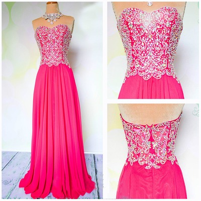 Pink Beaded Embellished Sweetheart Chiffon Floor Length A-line Formal Dress, Prom Dress
