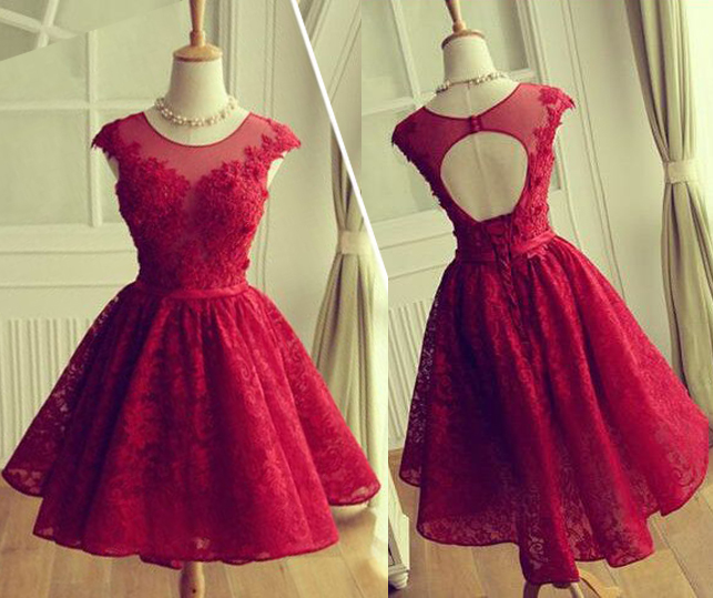 Red Homecoming Dress, Junior Lace Up Back Homecoming Dress, Lace Prom Dress, Cap Sleeve Homecoming Dress, Open Back Prom Dress
