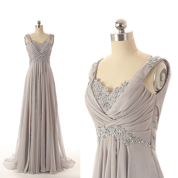 Grey Floor Length Chiffon A-line Prom Dress Featuring Floral Lace And Ruched Plunge V Bodice