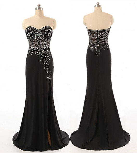 Black Floor Length Chiffon Evening Dress Featuring Beaded Embellished Sweetheart Bodice And High Slit