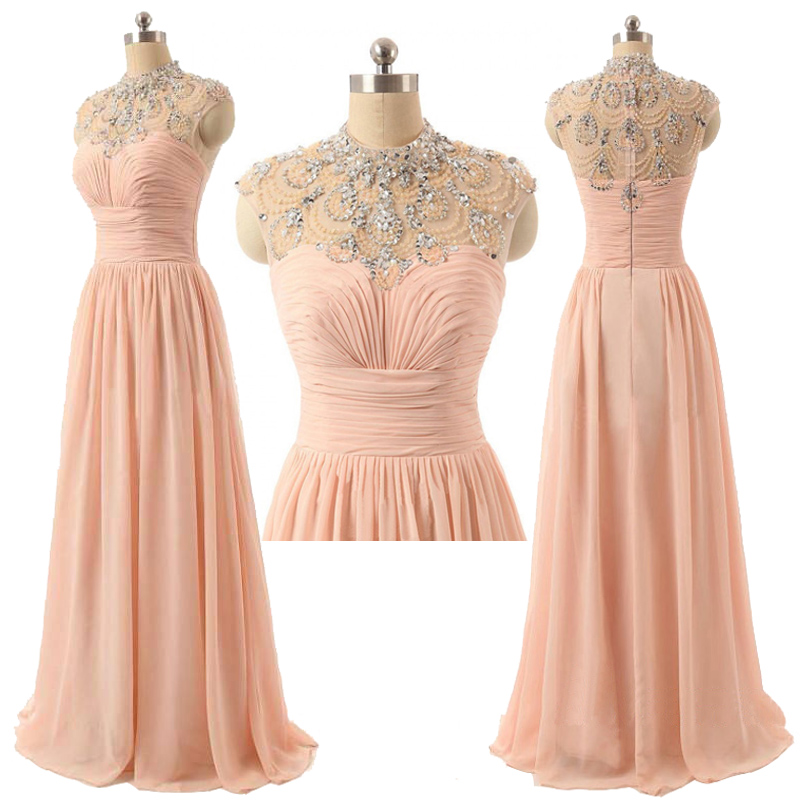 Long Chiffon A-line Prom Dress Featuring Beaded High Neck Bodice With Cap Sleeves