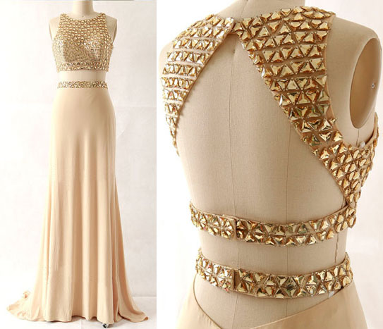 Long Prom Dress, Two Piece Prom Dress, Modest Prom Dress, Gold Prom Dress, Affordable Prom Dress, Gorgeous Prom Dress, Evening Dress,