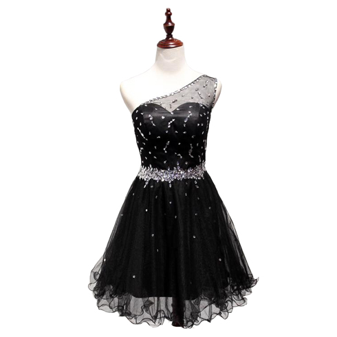 Beaded Embellished Black One-shoulder Short Homecoming Dress Featuring Curly Hem