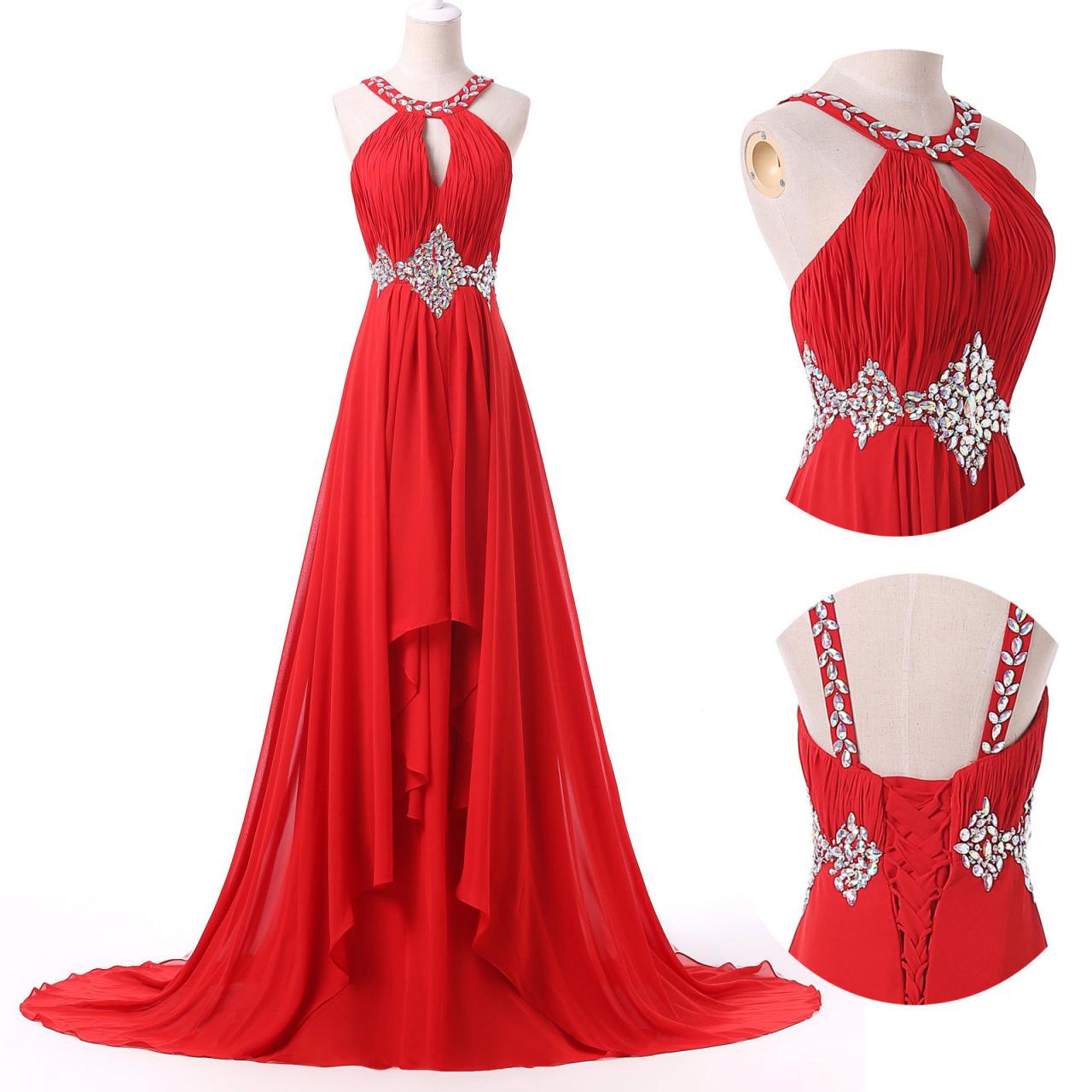 Red Floor Length Chiffon Prom Dress Featuring Ruched Halter Neck Bodice With Crystal Embellishments, Cutout Detailing And Lace-up Back