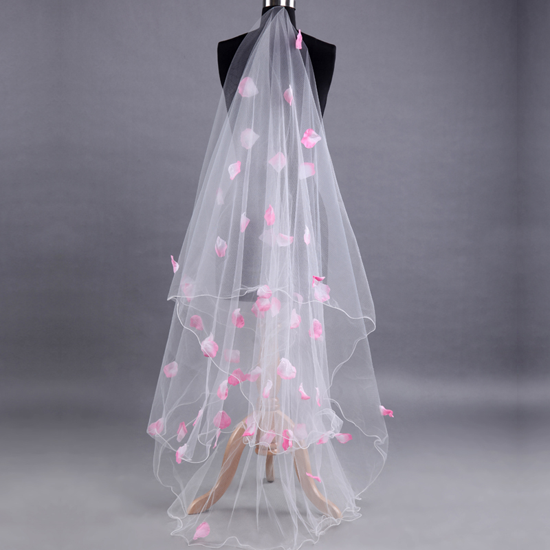 Long White Tulle Wedding Veil With Pink Rose Petals Bridal Veil